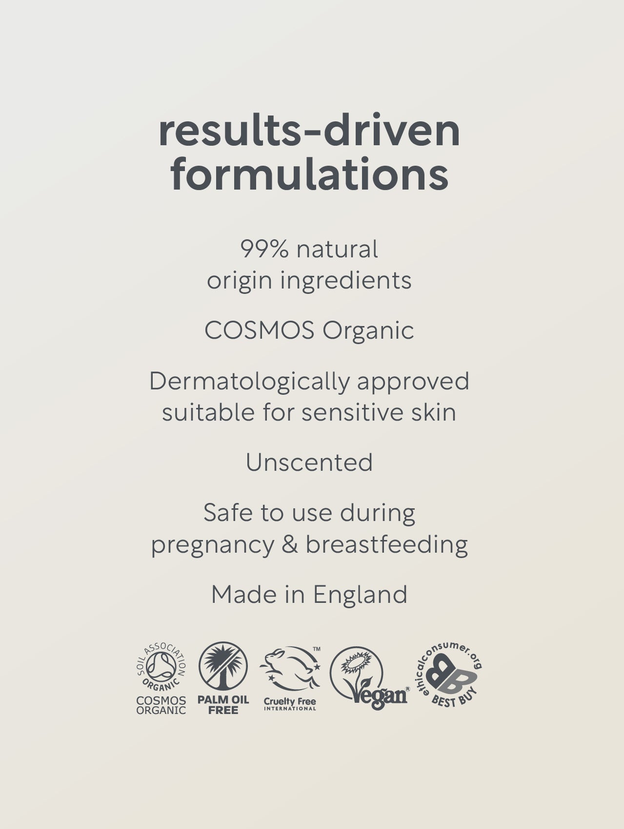 Product label with text about formulations, natural ingredients, and certifications on a beige background.