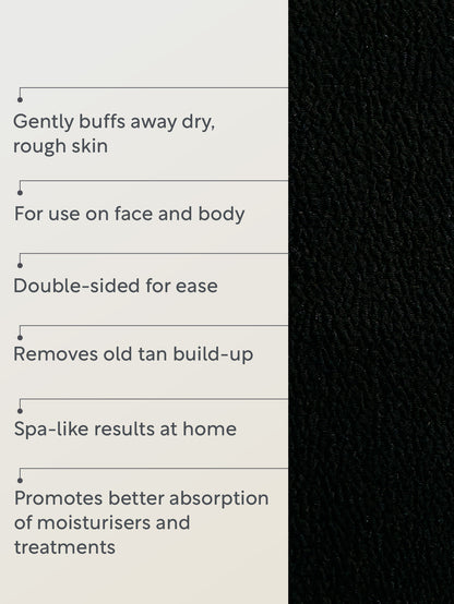 Product benefits with text on a white background and black texture on the side.