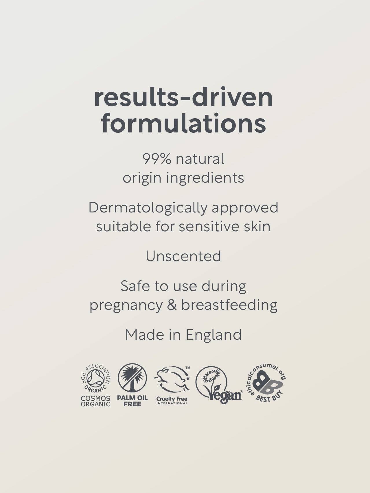 Text and logos on a beige background about results-driven formulations with natural ingredients.