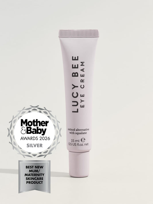 Lucy Bee eye cream with Mother & Baby Awards 2026 silver badge on a grey background
