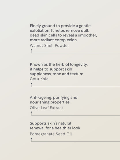 Text describing the benefits of various skincare ingredients on a light gray background