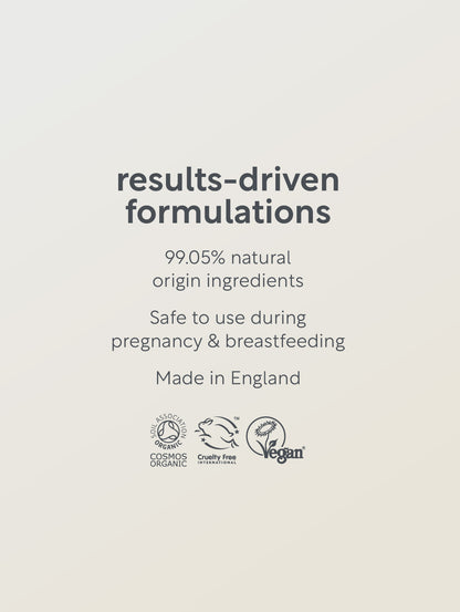 Text on a beige background about results-driven formulations with natural ingredients, safety information, and product origin details.