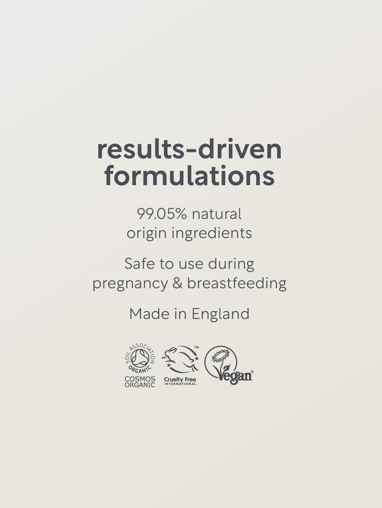 Text on a beige background about results-driven formulations with natural ingredients, safety information, and product origin details.