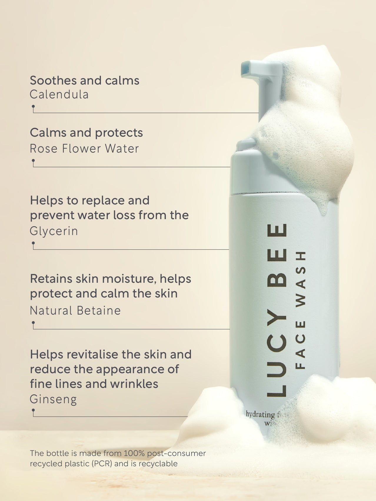 Lucy Bee face wash bottle with product benefits text on a beige background