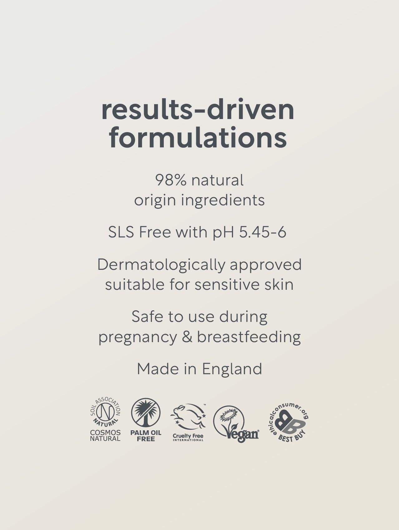 Product label with text about formulations, natural ingredients, and safety features on a light gray background.