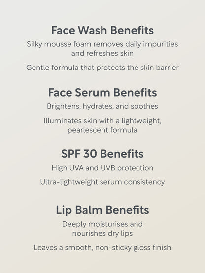 List of skincare product benefits on a light gray background