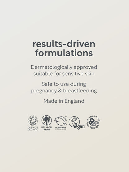 Text and logos on a beige background about results-driven formulations.