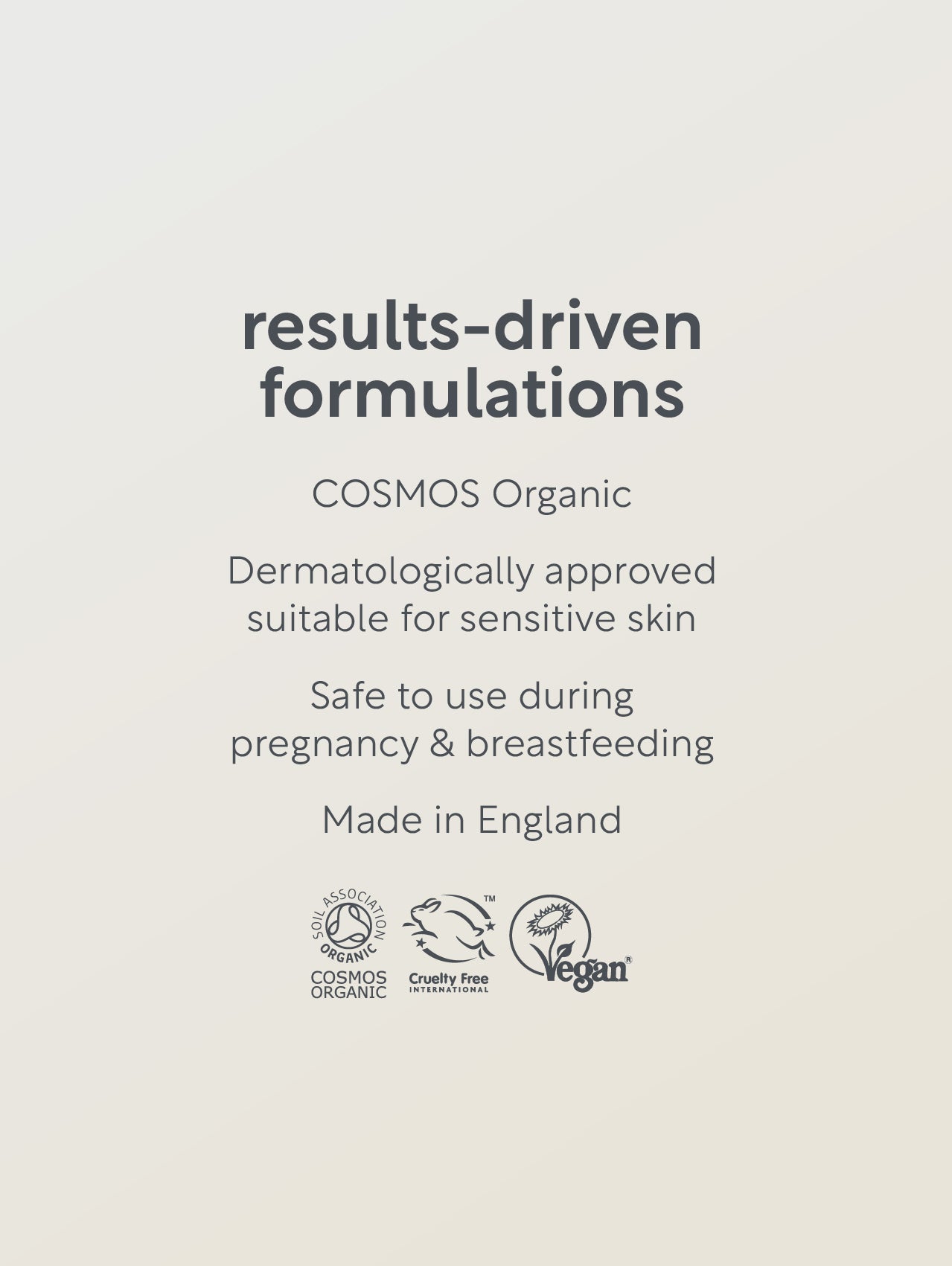Text on a beige background about results-driven formulations, COSMOS Organic certification, and product safety information.