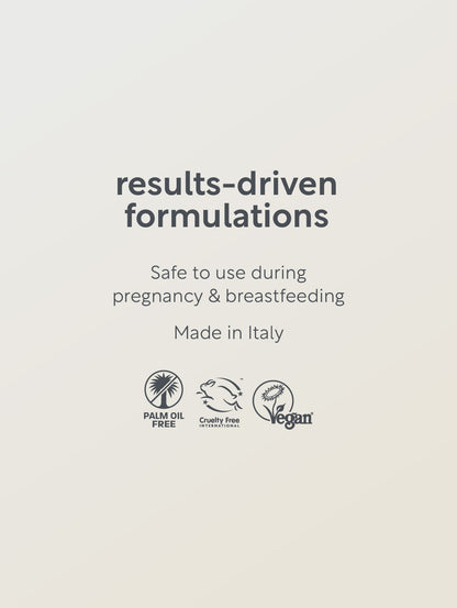 Text on a beige background about results-driven formulations, safety during pregnancy and breastfeeding, and product attributes.