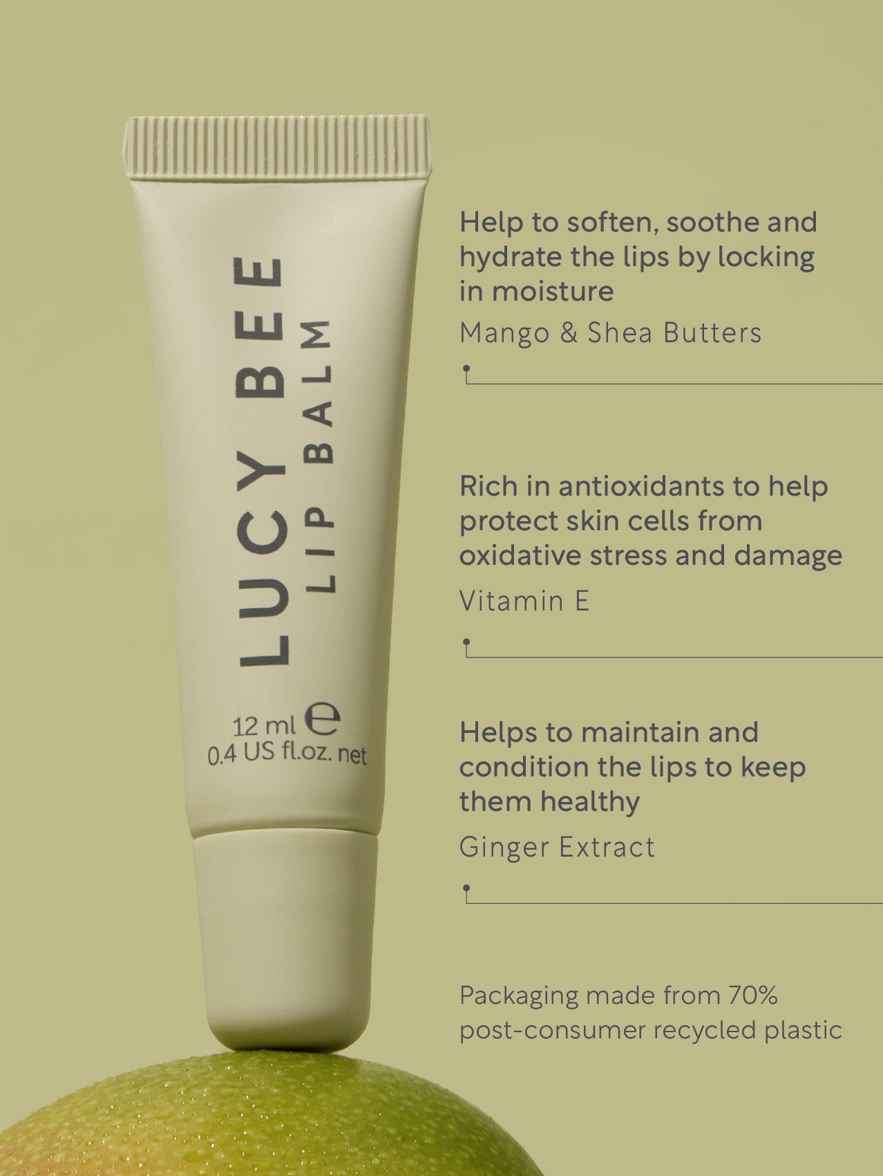 Lucy Bee lip balm tube with product details on a green background