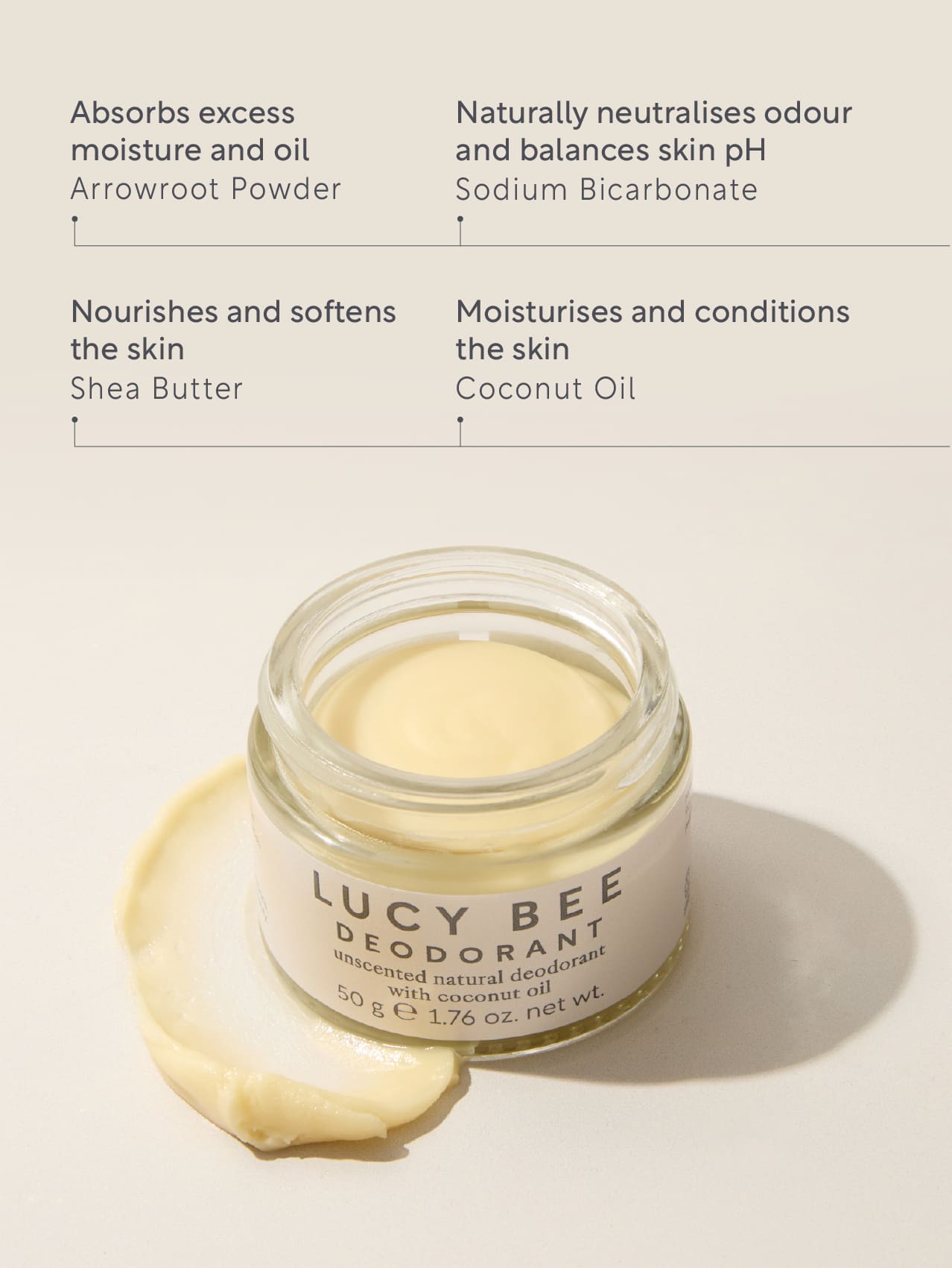 Lucy Bee deodorant jar with ingredients listed on a beige background