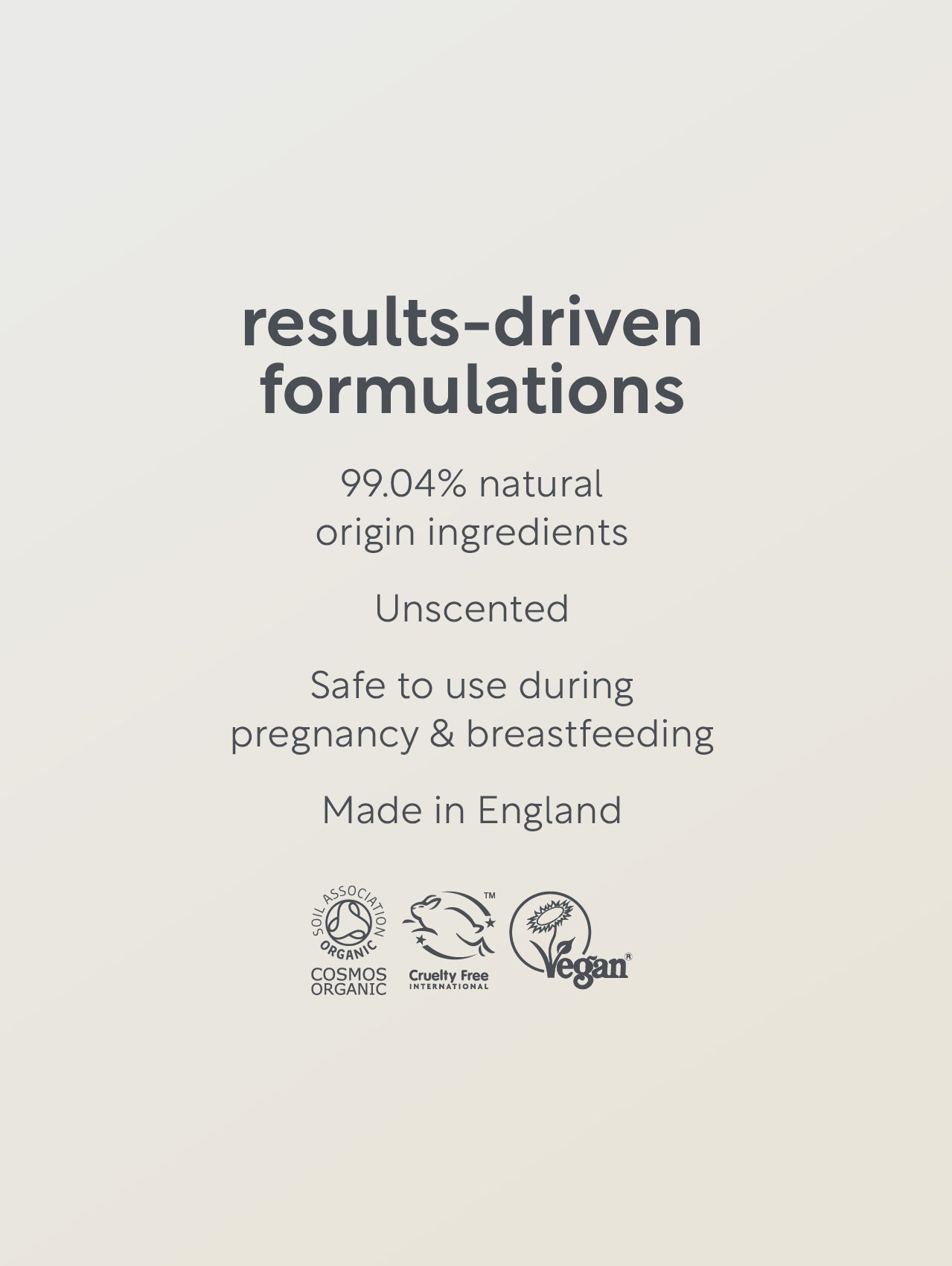 Text on a beige background about results-driven formulations with natural ingredients and safety features.