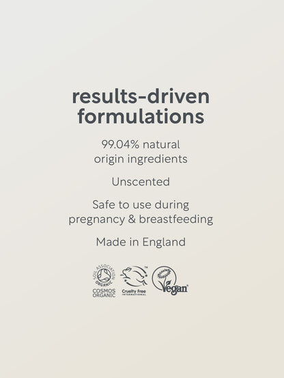 Text on a beige background about results-driven formulations with natural ingredients and safety features.
