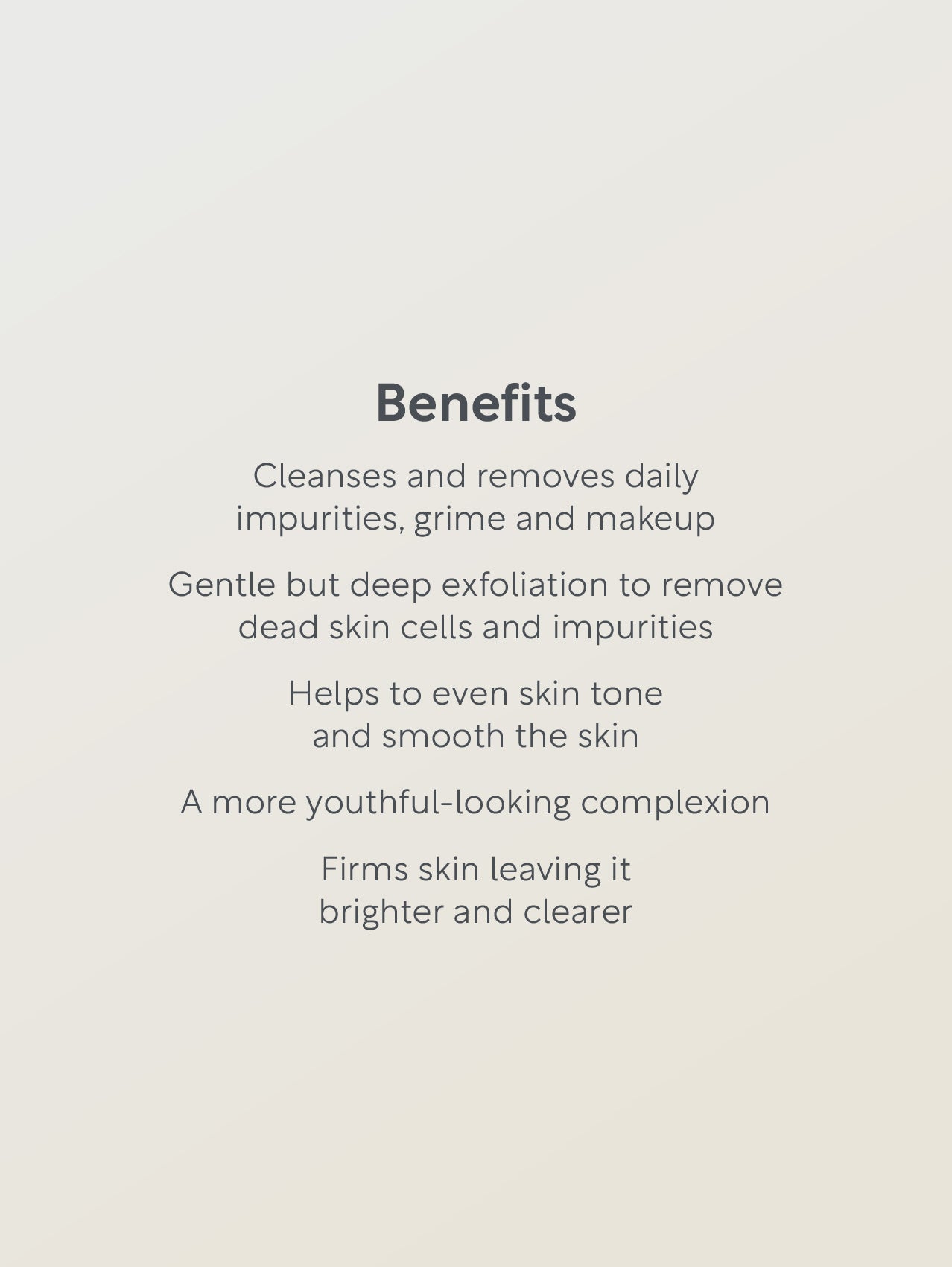 Text listing skincare benefits on a light gray background