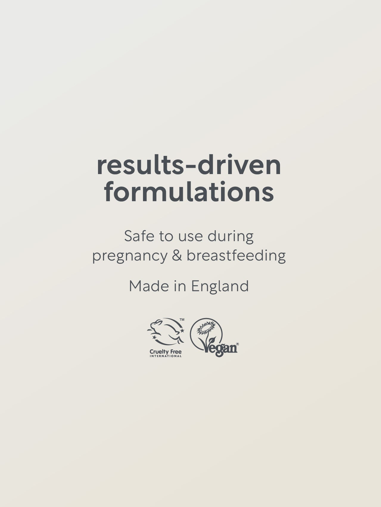 Text on a beige background about results-driven formulations, safety during pregnancy and breastfeeding, and product origin.
