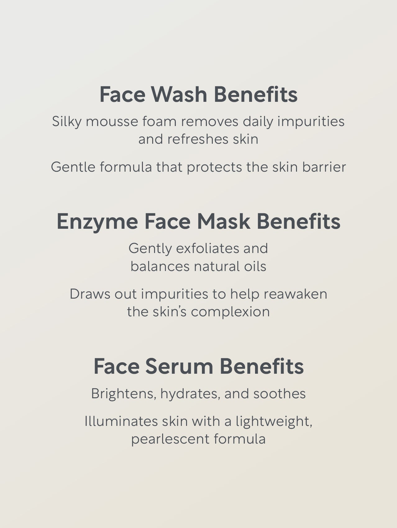 Text detailing benefits of face wash, enzyme face mask, and face serum on a light gray background.