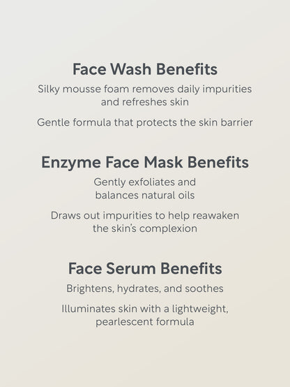 Text detailing benefits of face wash, enzyme face mask, and face serum on a light gray background.