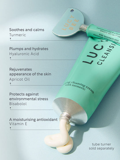 Tube of LUCY bee cleansing cream with text detailing its benefits on a light blue background