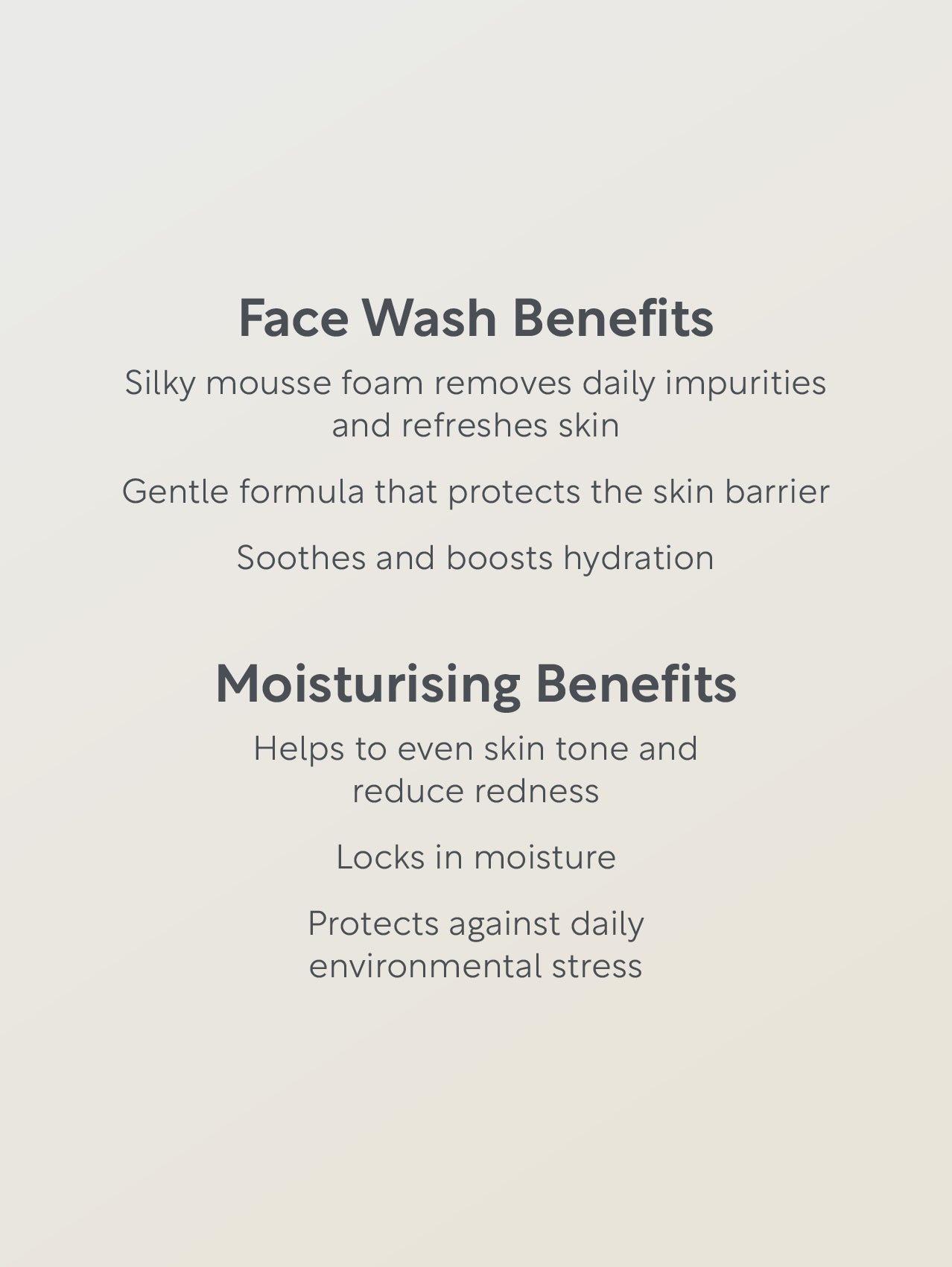 Text detailing the benefits of a face wash on a light gray background