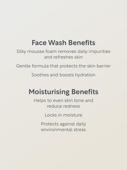 Text detailing the benefits of a face wash on a light gray background