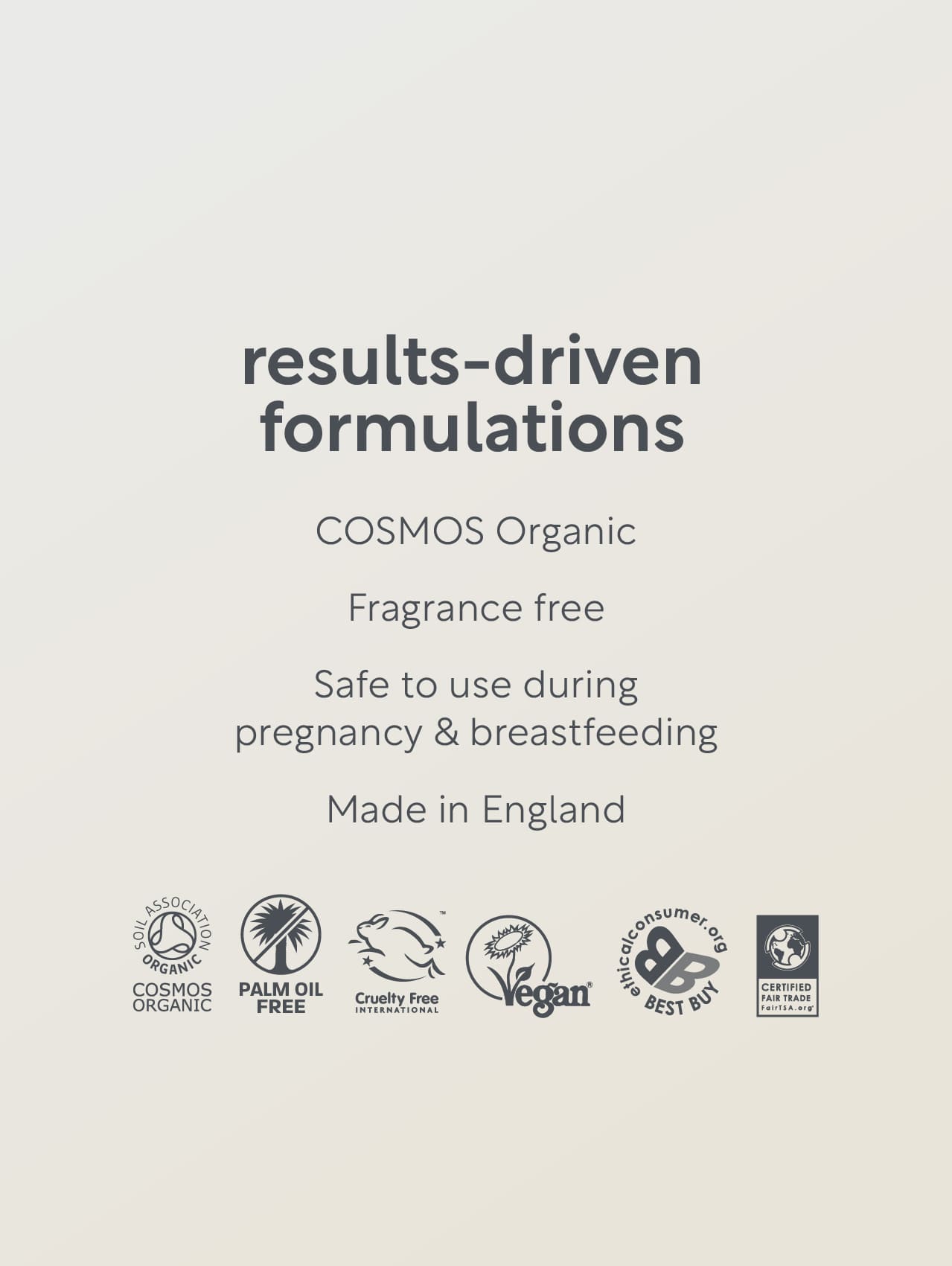 Text and logos on a beige background about results-driven formulations, COSMOS Organic certification, and product safety.