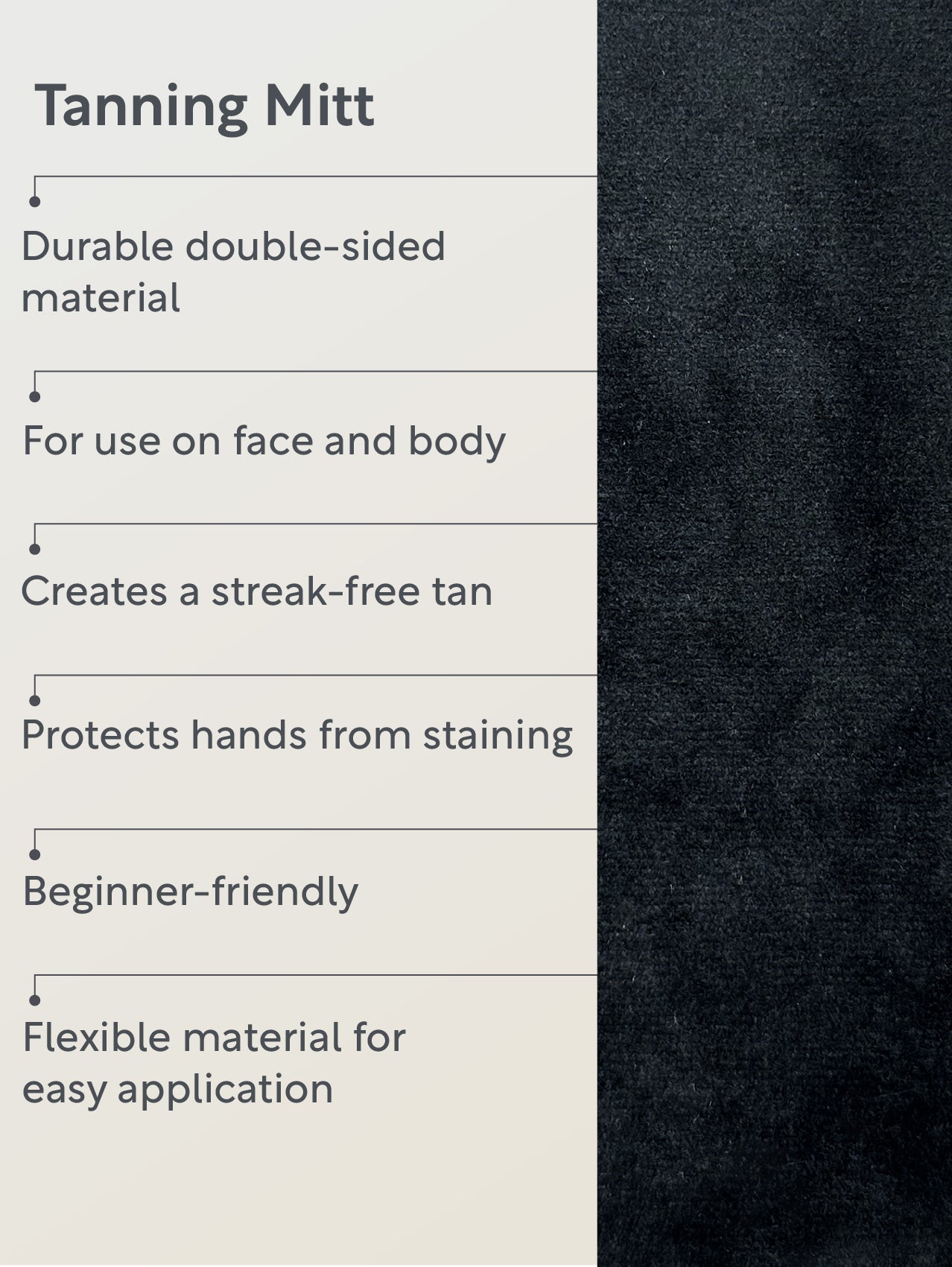 Tanning mitt with text describing its features on a beige background