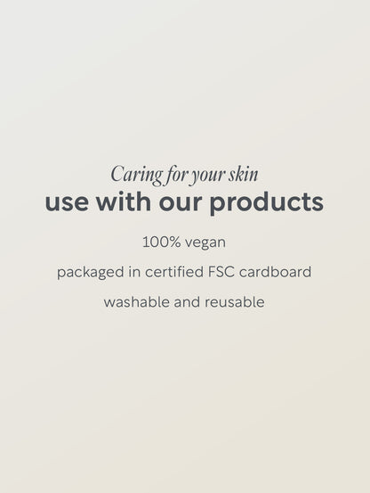 Text on a light gray background about using products for skin care, being vegan, and environmentally friendly packaging.