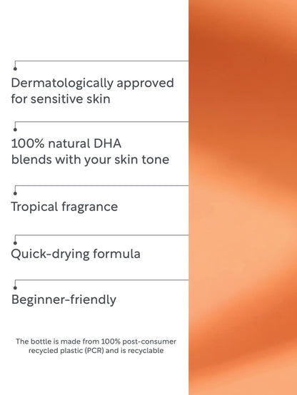 Lucy Bee self-tan mousse bottle with product features and benefits on an orange background