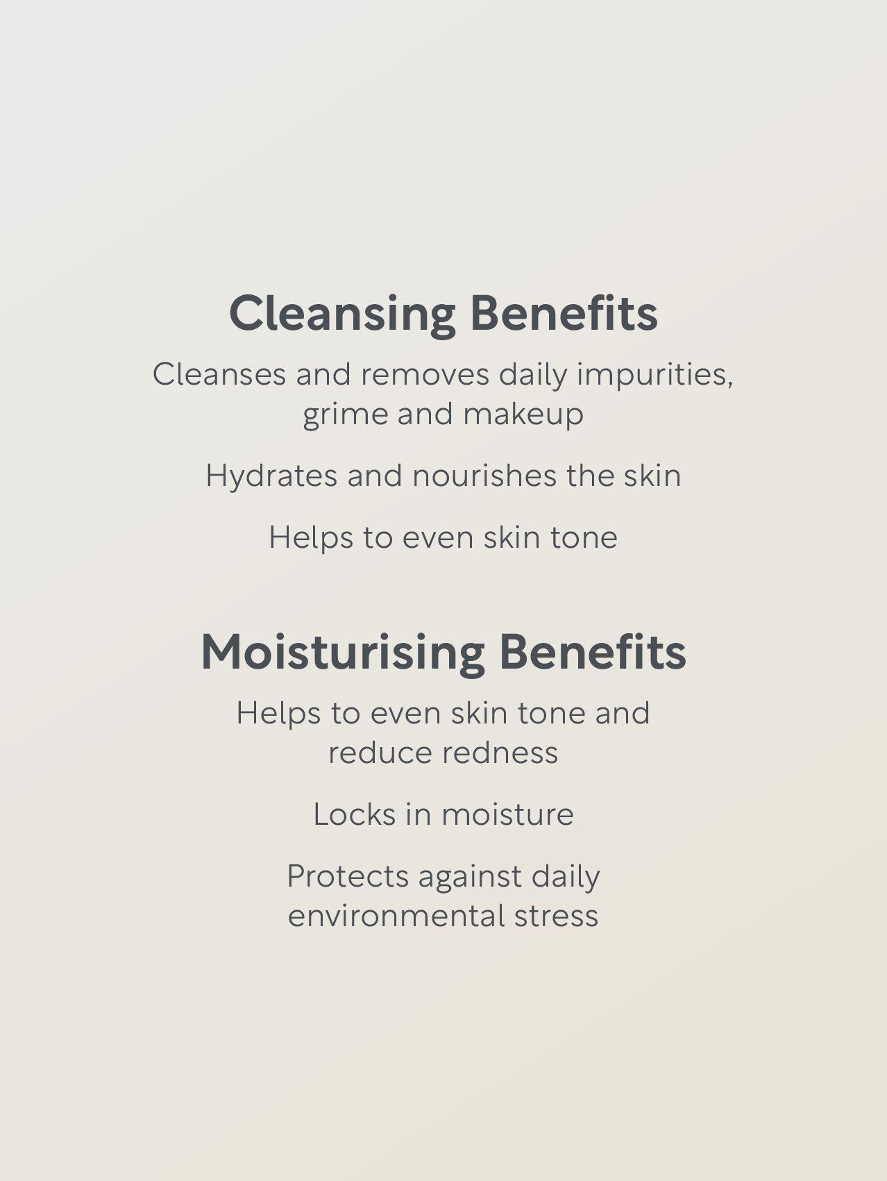 Text detailing cleansing and moisturizing benefits on a beige background