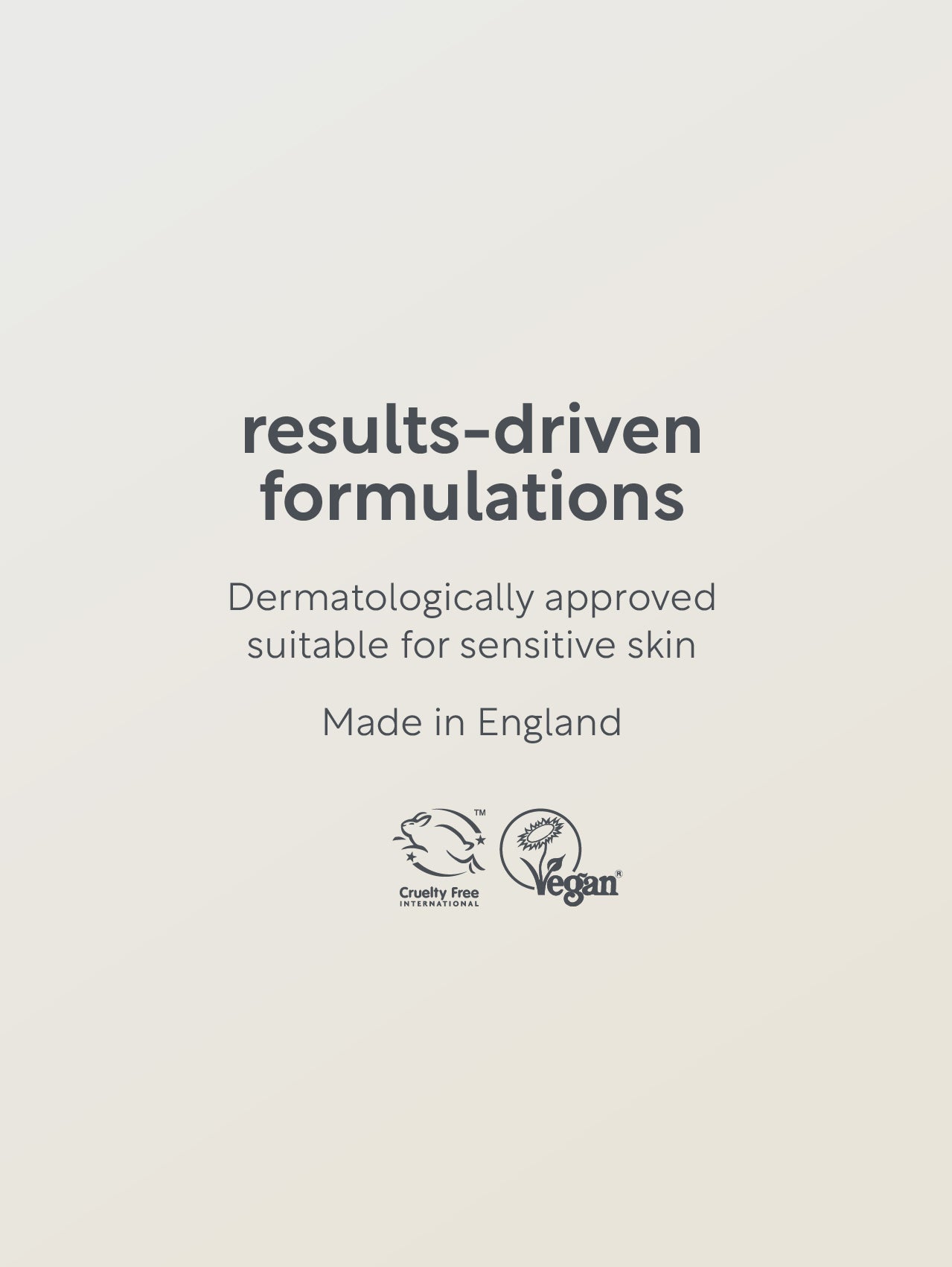 Text on a beige background about results-driven formulations, dermatologically approved, suitable for sensitive skin, made in England, cruelty-free, and vegan.
