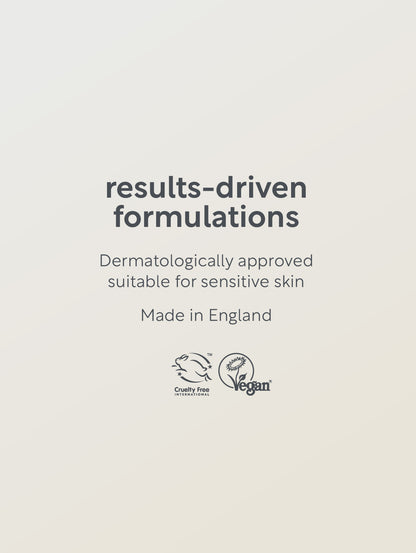 Text on a beige background about results-driven formulations, dermatologically approved, suitable for sensitive skin, made in England, cruelty-free, and vegan.