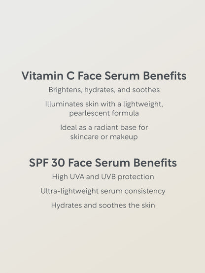 Text detailing benefits of Vitamin C and SPF 30 face serums on a light gray background