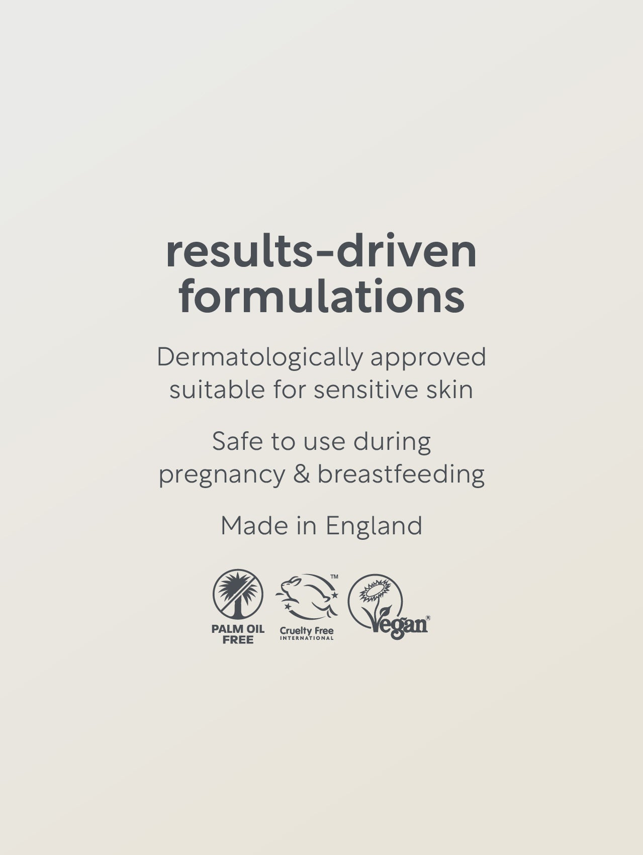 Text on a beige background about results-driven formulations, dermatologically approved, suitable for sensitive skin, safe during pregnancy and breastfeeding, made in England, with palm oil free, cruelty free, and vegan logos.