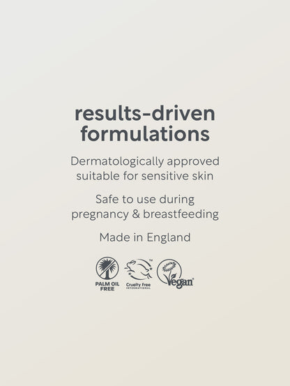 Text on a beige background about results-driven formulations, dermatologically approved, suitable for sensitive skin, safe during pregnancy and breastfeeding, made in England, with palm oil free, cruelty free, and vegan logos.